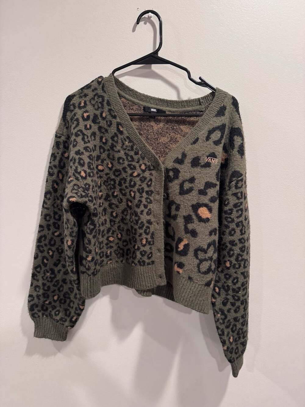 Vans Women's Green and Black Leopard Print Button-Up Cardigan
